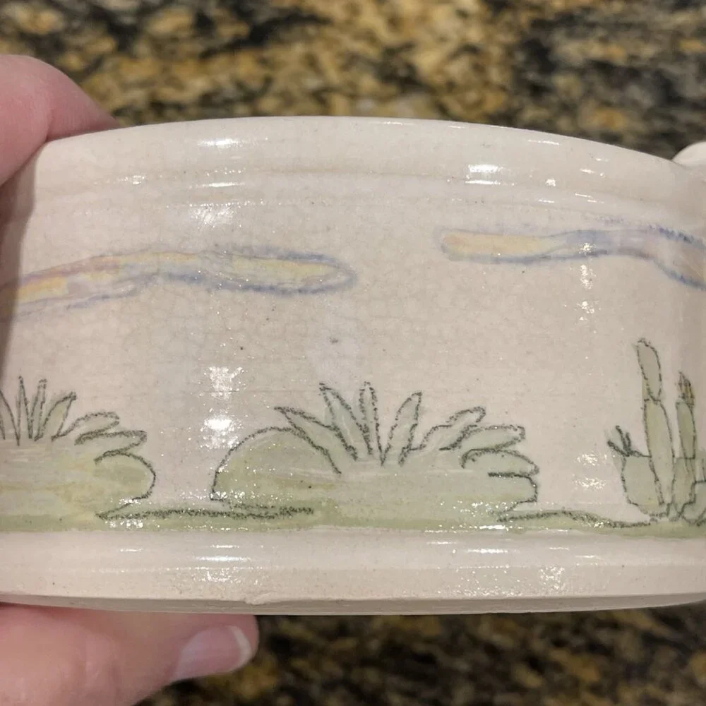 Vtg Handcrafted Lynn Gray Signed‎ Art Pottery Desert Cactus Bowl Rim Pinch Deco